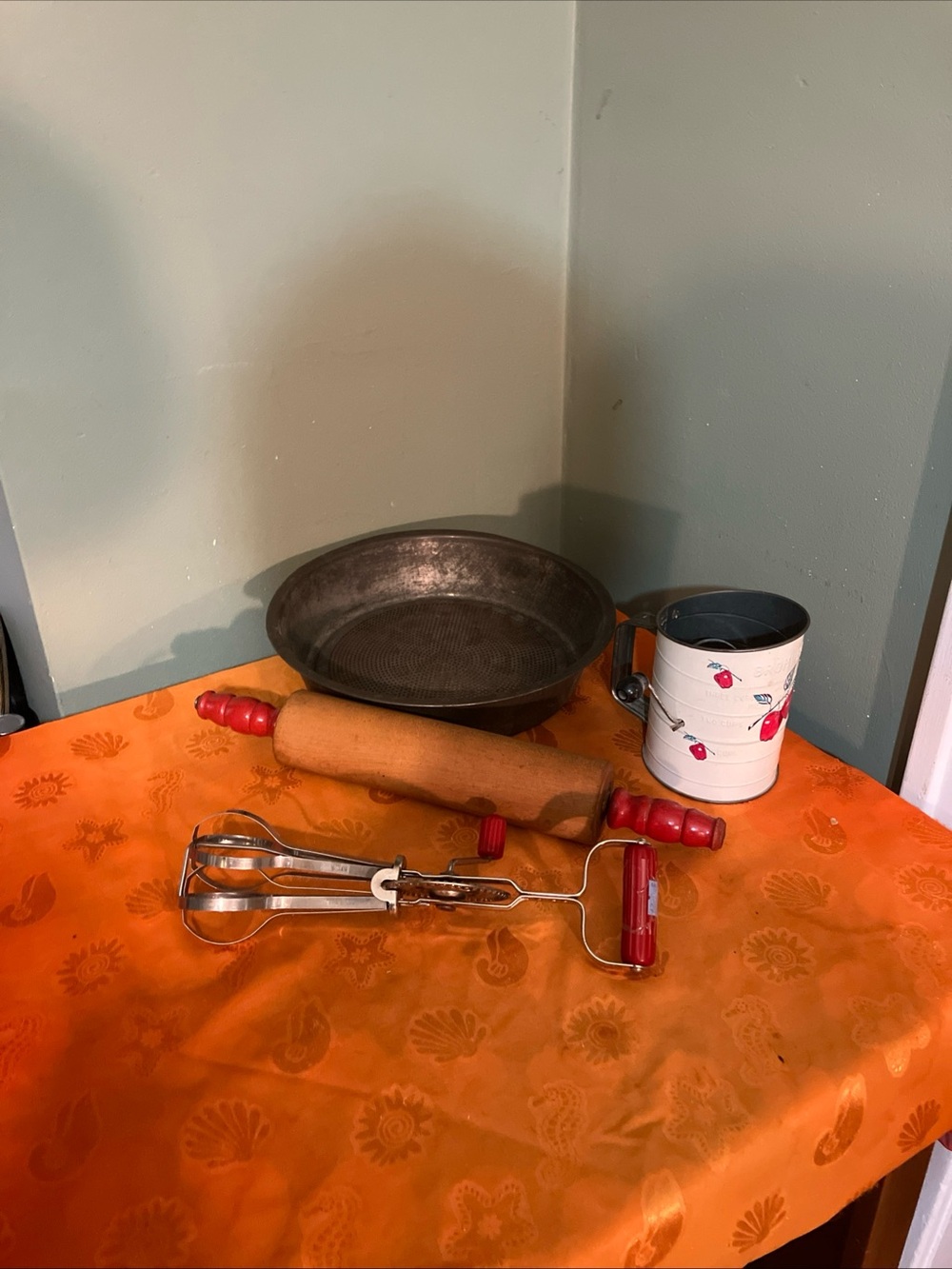 Vintage Red Wood Rolling Pin, Hand Held Egg Mixer , & Strainer
